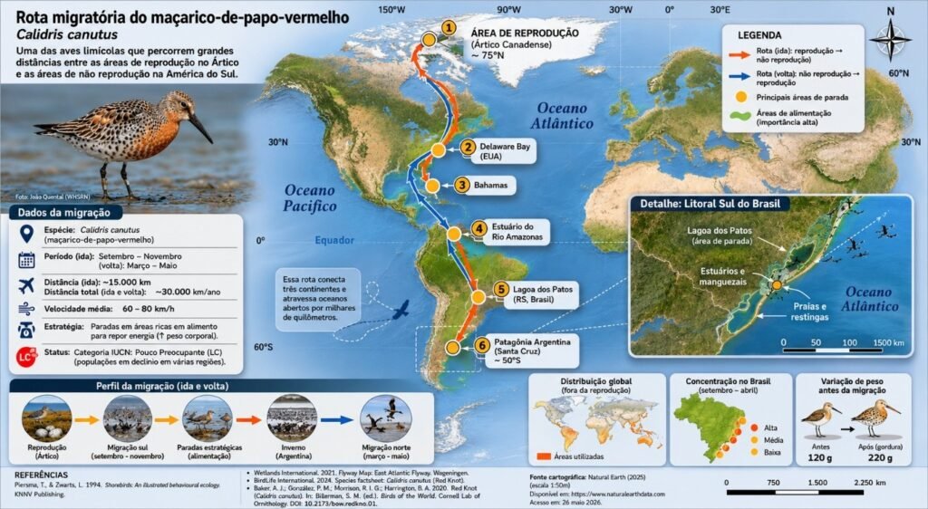 Rota das aves limícolas migratórias entre o Ártico e a América do Sul